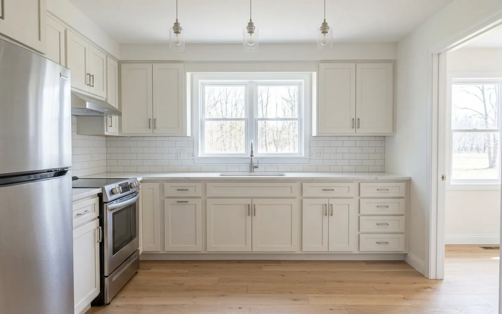 The same kitchen remodeled with white shaker cabinets, subway tile, quartz counters and light oak floors