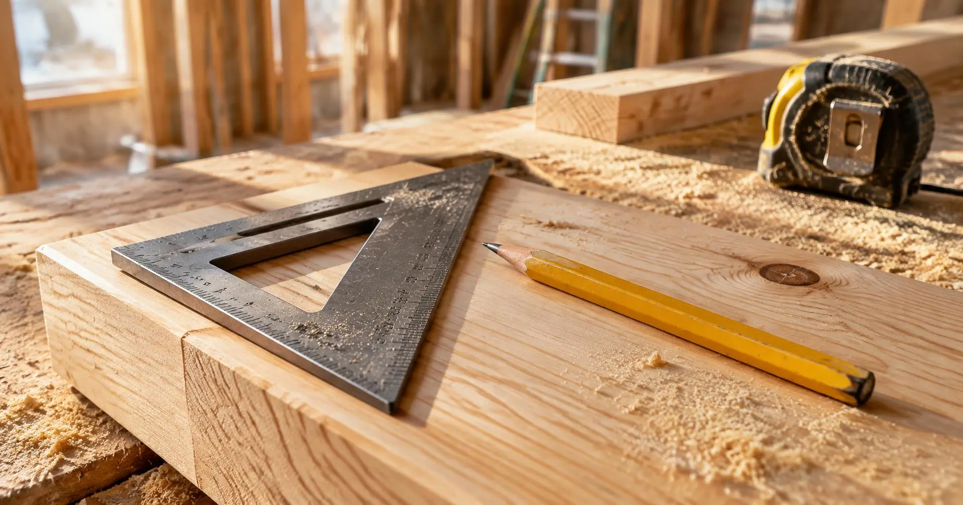 A metal framing square and a carpenter's pencil resting on a freshly cut pine board covered in sawdust