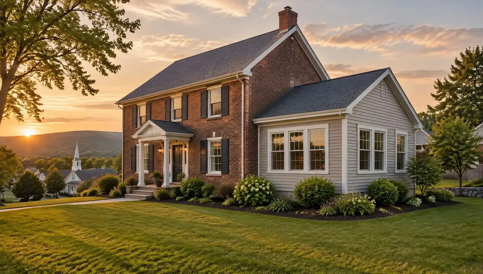 A brick colonial house at sunset with a new sided addition and large windows on one side